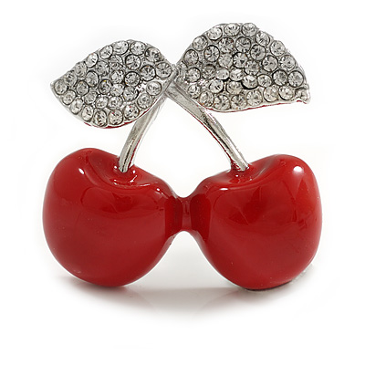 Red Enamel Double Cherry with Crystal Leaves in Silver Tone - 35mm Across - main view