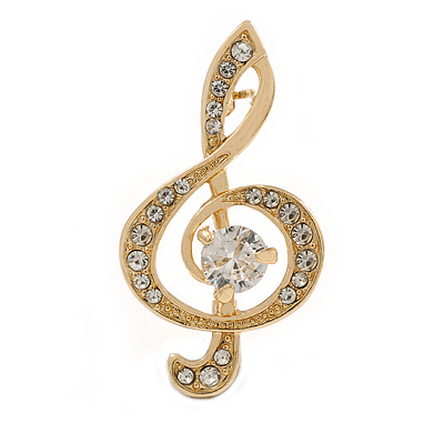 Gold Tone Clear Crystal Music Treble Clef Brooch - 40mm Tall
