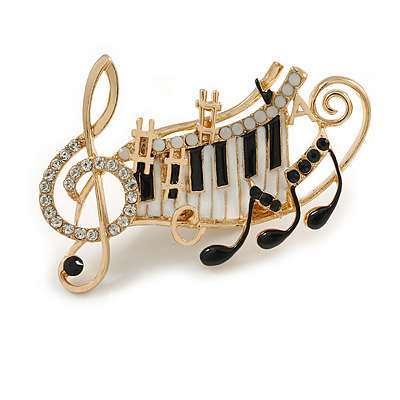 Black/ White Enamel Crystal Musical Notes Brooch In Gold Tone - 65mm L - main view