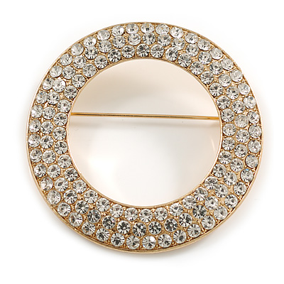 Clear Crystal Open Cut Circle Brooch In Gold Tone Metal - 50mm Diameter - main view