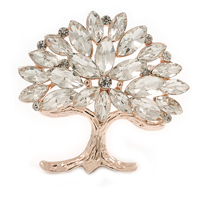 Clear Crystal Tree Of Life Brooch In Gold Tone - 45mm Across - main view