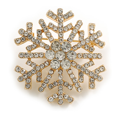 Clear Crystal Snowflake Brooch In Gold Tone - 40mm Diameter - main view