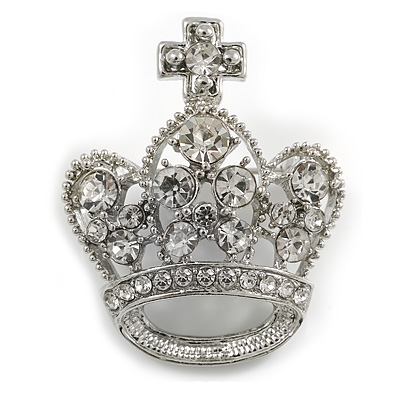 Clear Crystal Crown Brooch in Silver Tone Metal - 40mm Tall - main view