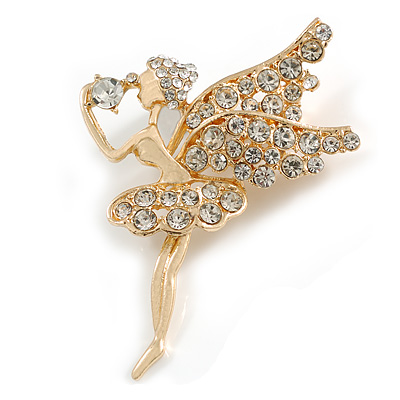 Clear Crystal Fairy Brooch In Gold Tone Metal - 50mm L - main view