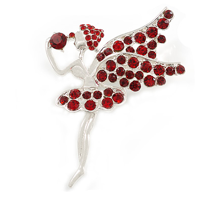 Ruby Red Crystal Fairy Brooch In Silver Tone Metal - 50mm L - main view