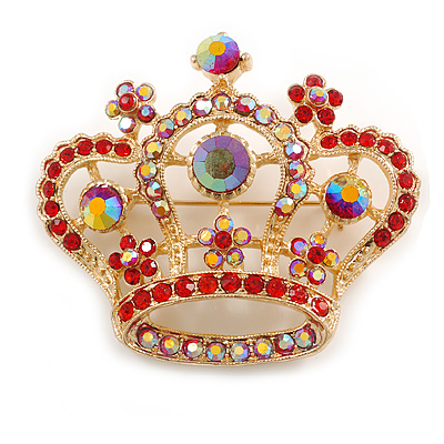 Red/ AB Crystal 'Queenie' Crown Brooch In Gold Tone Metal - 55mm Across - main view