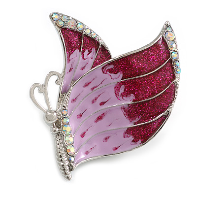 Purple/Pink Enamel AB Crystal Butterfly Brooch In Silver Tone Metal - 45mm Across - main view