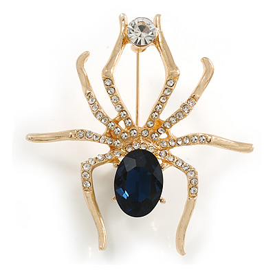 Clear/ Midnight Blue Crystal Spider Brooch In Gold Tone Metal - 50mm L
