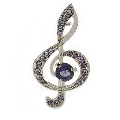 Amethyst Purple Crystal Treble Clef Musical Brooch in Gold Tone - 40mm Tall - main view