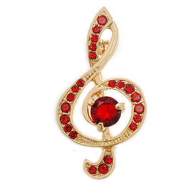 Red Crystal Treble Clef Musical Brooch in Gold Tone - 40mm Tall - main view