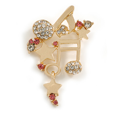 Musical Notes and Stars Crystal Brooch in Gold Tone - 50mm Tall - main view