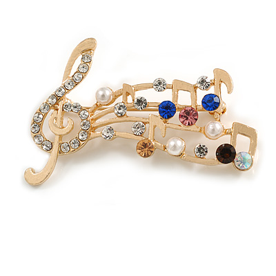 Multicoloured Crystal and White Faux Pearl Bead Musical Notes Brooch in Gold Tone - 50mm L - main view
