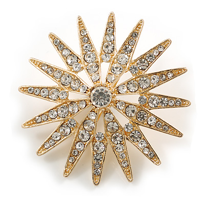 Clear Crystal Star Brooch In Gold Tone - 45mm Diameter