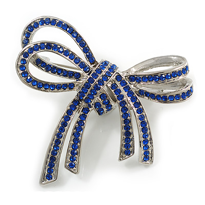 Double Bow Sapphire Blue Crystal Brooch In Rhodium Plating - 50mm W - main view