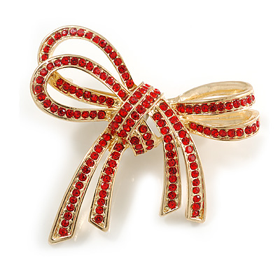 Double Bow Red Crystal Brooch In Gold Plating - 50mm W - main view