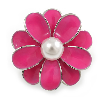 Pink Enamel Pearl Layered Flower Brooch in Silver Tone - 30mm Diameter - main view