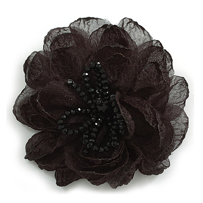 Large Layered Silk Fabric Rose Flower Brooch with Black Glass Beads - 90mm Diameter - main view
