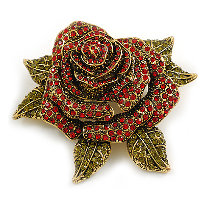 Red/Olive Green Crystal Dimentional Rose Brooch in Aged Gold Tone - 80mm Across