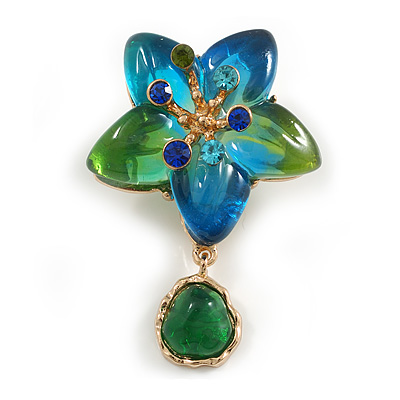 Green/Blue Glass Bead Flower Brooch in Gold Tone - 60mm Long