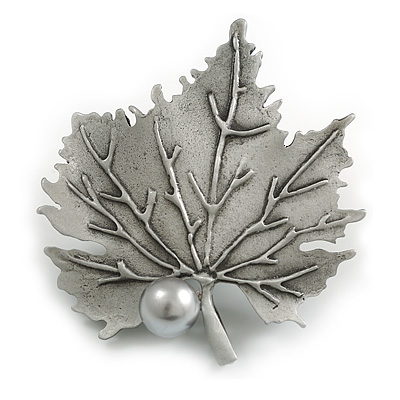 Large Faux Pearl Maple Leaf Brooch/Pendant in Pewter Tone Metal - 65mm Across - main view