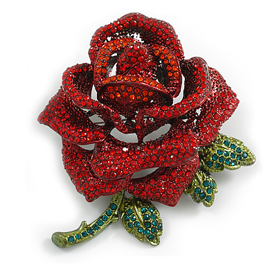 Statement Red/Green Crystal Dimentional Rose Brooch/Pendant in Black Tone - 70mm L - main view