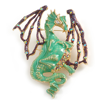 Oversized Green Enamel Crystal Dragon Brooch in Gold Tone - 95mm Tall