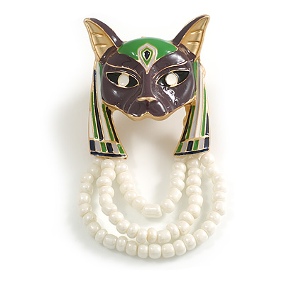 Egyptian God Anubis Enamel and White Glass Beaded Dangles Brooch in Gold Tone - 70mm Tall - main view