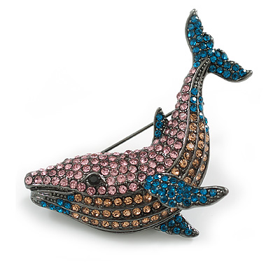 Crystal Whale Brooch in Black Tone (Teal/Pink/Citrine Colours) - 57mm Across - main view