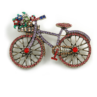 Large Multicoloured Crystal Bicycle Brooch in Aged Gold Tone - 70mm Across - main view