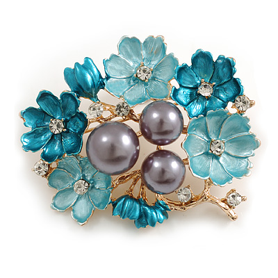 Enamel Crystal Faux Pearl Floral Brooch/ Pendant in Gold Tone (Blue Colours) - 50mm Across - main view