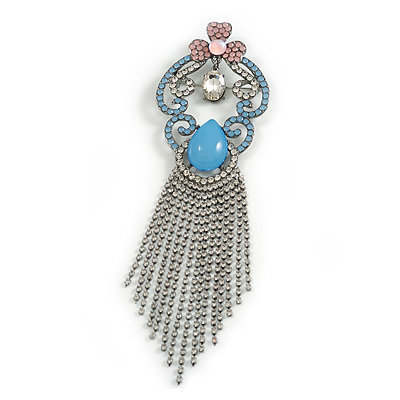 Oversized Statement Crystal Fringe Brooch in Black Tone (Clear/Blue/Pink) - 17cm Long - main view