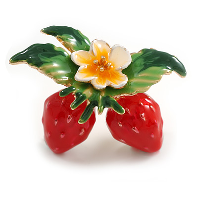Red/Green/White Enamel Double Strawberry Brooch in Gold Tone - 40mm Across - main view
