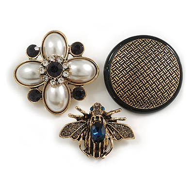 Button/Bee/Flower Brooch Set in Antique Gold Tone Metal - main view
