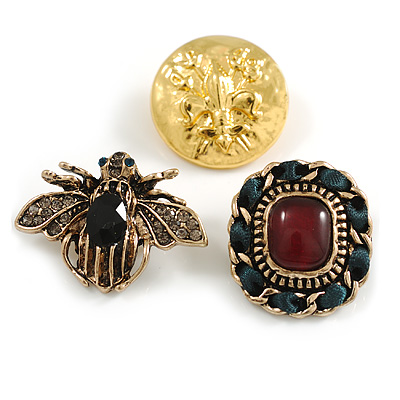 Buttons and Bee Brooch Set in Gold Tone Metal - main view