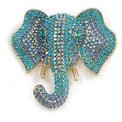 Large Blue/Teal Crystal Elephant Head Brooch in Gold Tone - 70mm Tall - main view