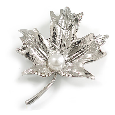 Silver Tone Clear Crystal Maple Leaf Brooch with Etched Detailing - 55mm L