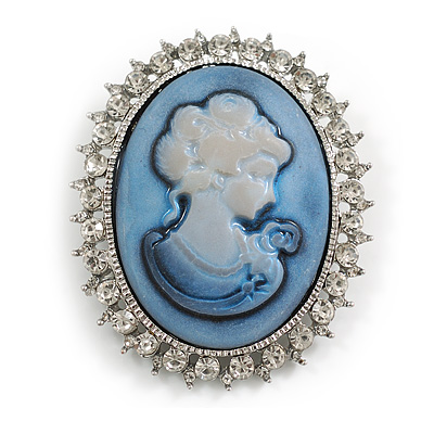Vintage Inspired Clear Crystal Blue Cameo Brooch In Silver Tone - 50mm L - main view