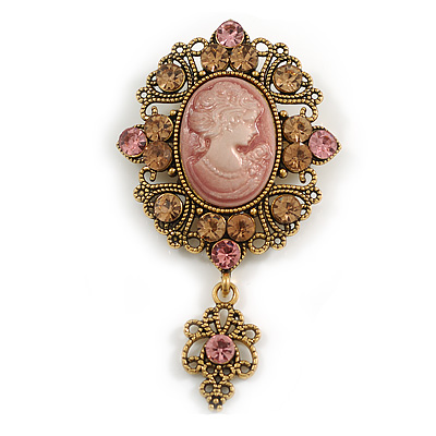 Vintage Inspired Pink Acrylic Crystal Cameo Brooch in Aged Gold Tone - 70mm Long - main view