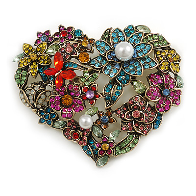 Large Multicoloured Crystal and Pearl Floral Heart Brooch in Gold Tone - 70mm Across - main view