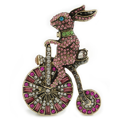 Large Vintage Inspired Pink Crystal Hare/ Rabbit/Bunny on The Bicycle in Aged Gold Tone - 70mm Tall - main view