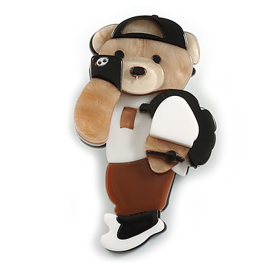Brown/Black/White Acrylic Bear with Smart Phone Brooch - 60mm L - main view