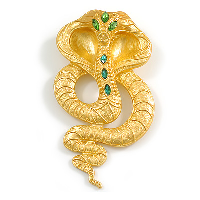 Oversized Solid Cobra Snake Brooch/Pendant in Bright Gold Tone with Green Crystals - 11cm Long - main view