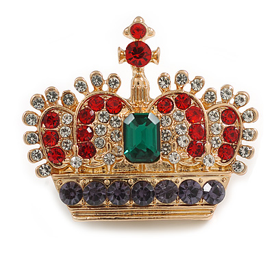Multicoloured Crystal Crown Brooch in Gold Tone - 40mm Across