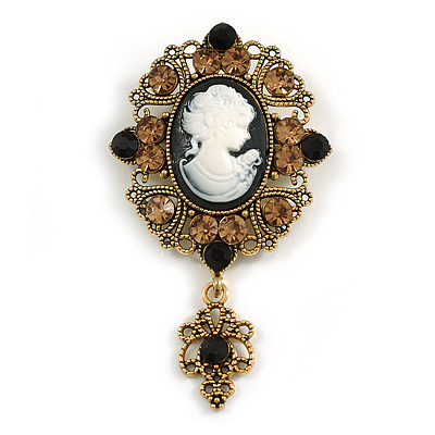 Vintage Inspired Black/White Acrylic Crystal Cameo Brooch in Aged Gold Tone - 70mm Long - main view
