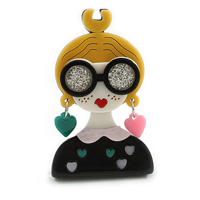 Stylish Girl in The Glasses Acrylic Brooch in Yellow/Black/White - 60mm Tall - main view