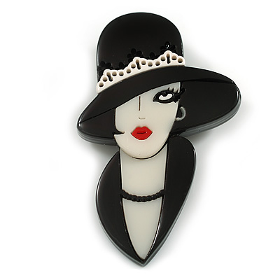 Stylish Acrylic Lady Brooch in Black/White - 70mm Tall