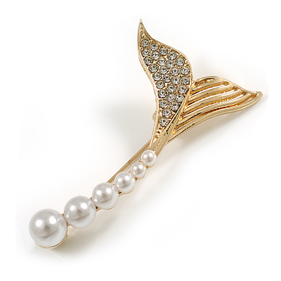 Gold Tone White Faux Pearl Clear Crystal Mermaid Tail Brooch/ Fish Tail Brooch - 45mm Long - main view