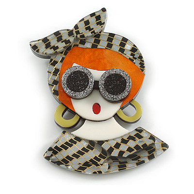 Stylish Lady in The Glasses Acrylic Brooch in Grey/Orange/Black/Cream - 65mm Tall - main view