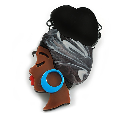 Beautiful African Woman Acrylic Brooch in Brown/Black - 60mm Tall - main view