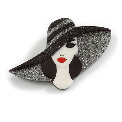 Elegant Lady in The Hat Acrylic Brooch in Black/White - 70mm Across - main view